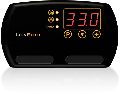 Controlador LuxPool exibindo temperatura de 33 °C, indicado para aquecimento para piscinas, com luzes sinalizadoras de modo e botões de ajuste.