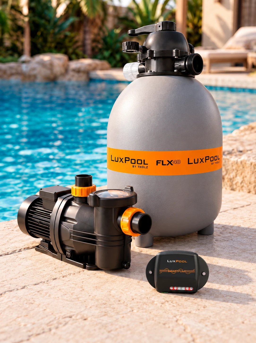 Conjunto Filtrante Smart LuxPool com filtro FLX40, motobomba e módulo SmartPump ao lado de uma piscina.