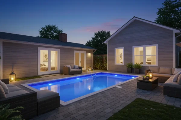 Piscina residencial iluminada com luz LED subaquática azul em área de lazer moderna com móveis externos ao entardecer