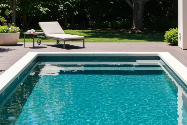 Piscina moderna com água cristalina em área externa com deck de madeira e jardim arborizado